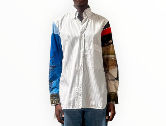 Plan C Striped Shirt with graphic print sleeves - Blue/White - Size 40