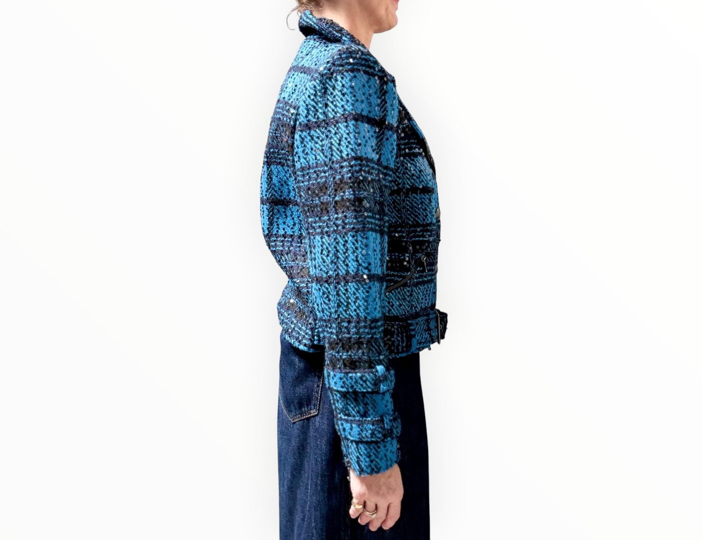 L'Agence Sequin Tweed Biker Jacket - Black/Aqua - Size L