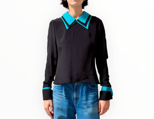 Roksanda Double Collar Top - Black/Dark Aqua - Size 12