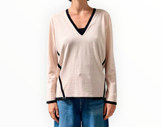 Lanvin Contrast Trim V-Neck Knit - Blush/Black - Size M
