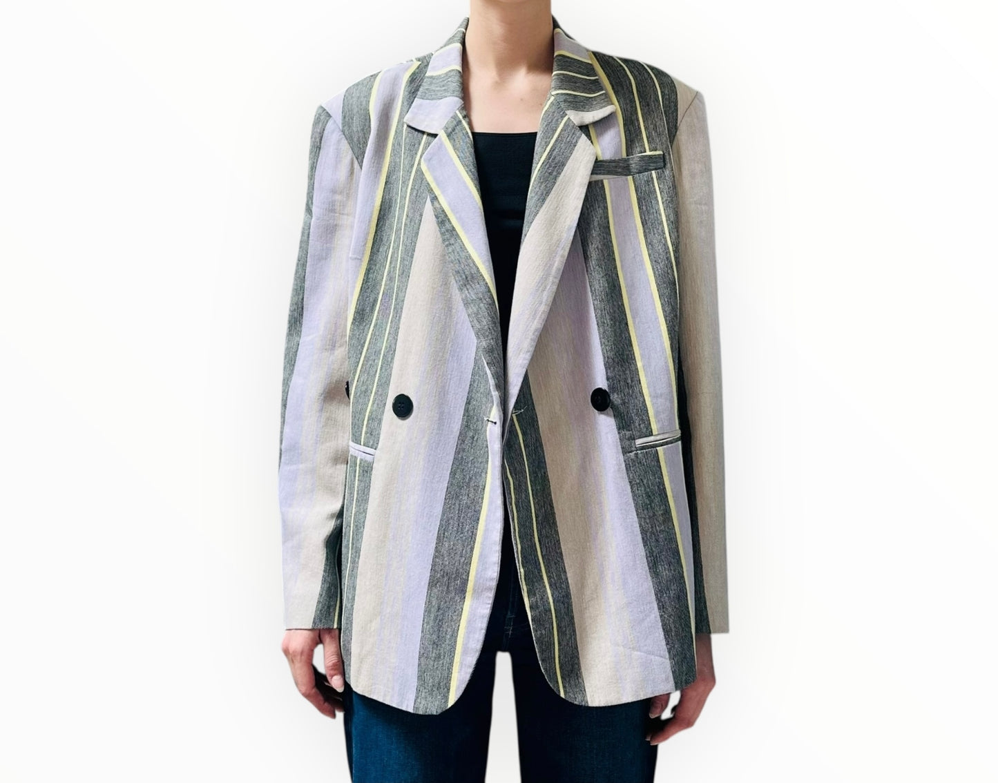 Bassike Striped Double Breast Jacket - Lilac/Black/Yellow - Size 1