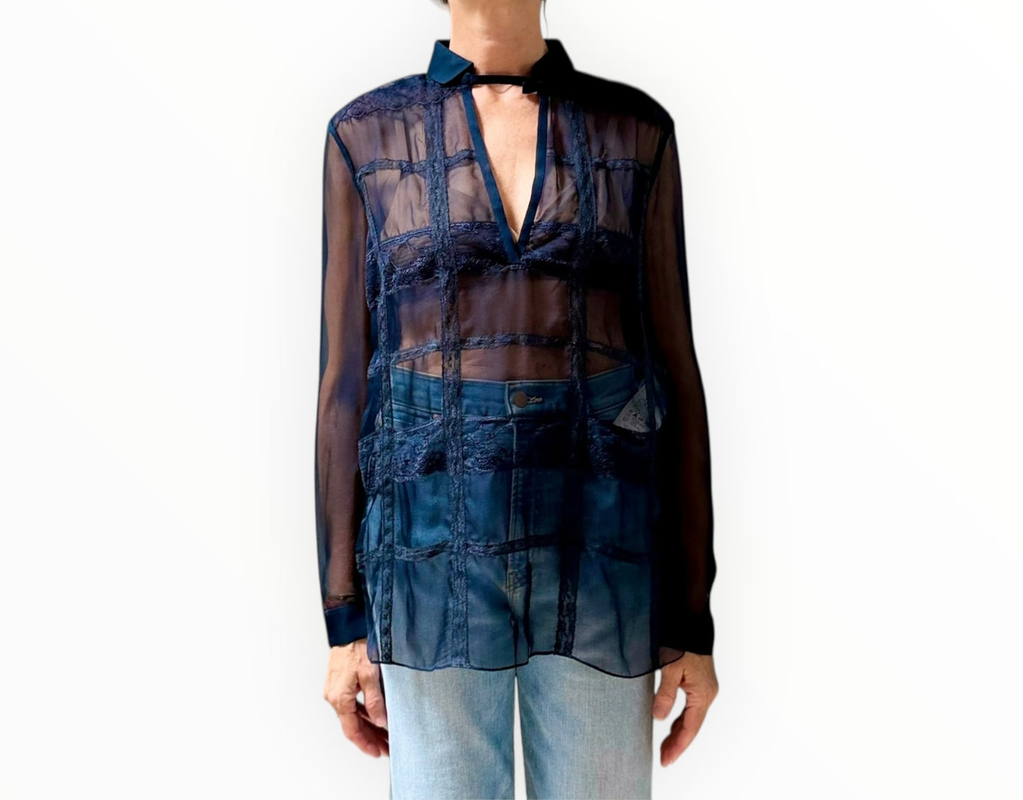 Valentino Sheer Lace Top - Navy - Size 8