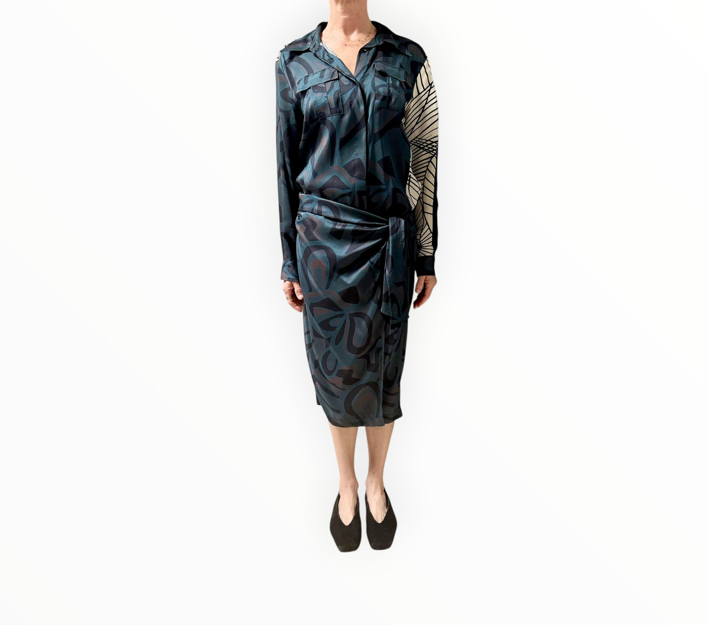 Dries Van Noten Shirt Printed Dress - Dark Teal/Black - Size 40