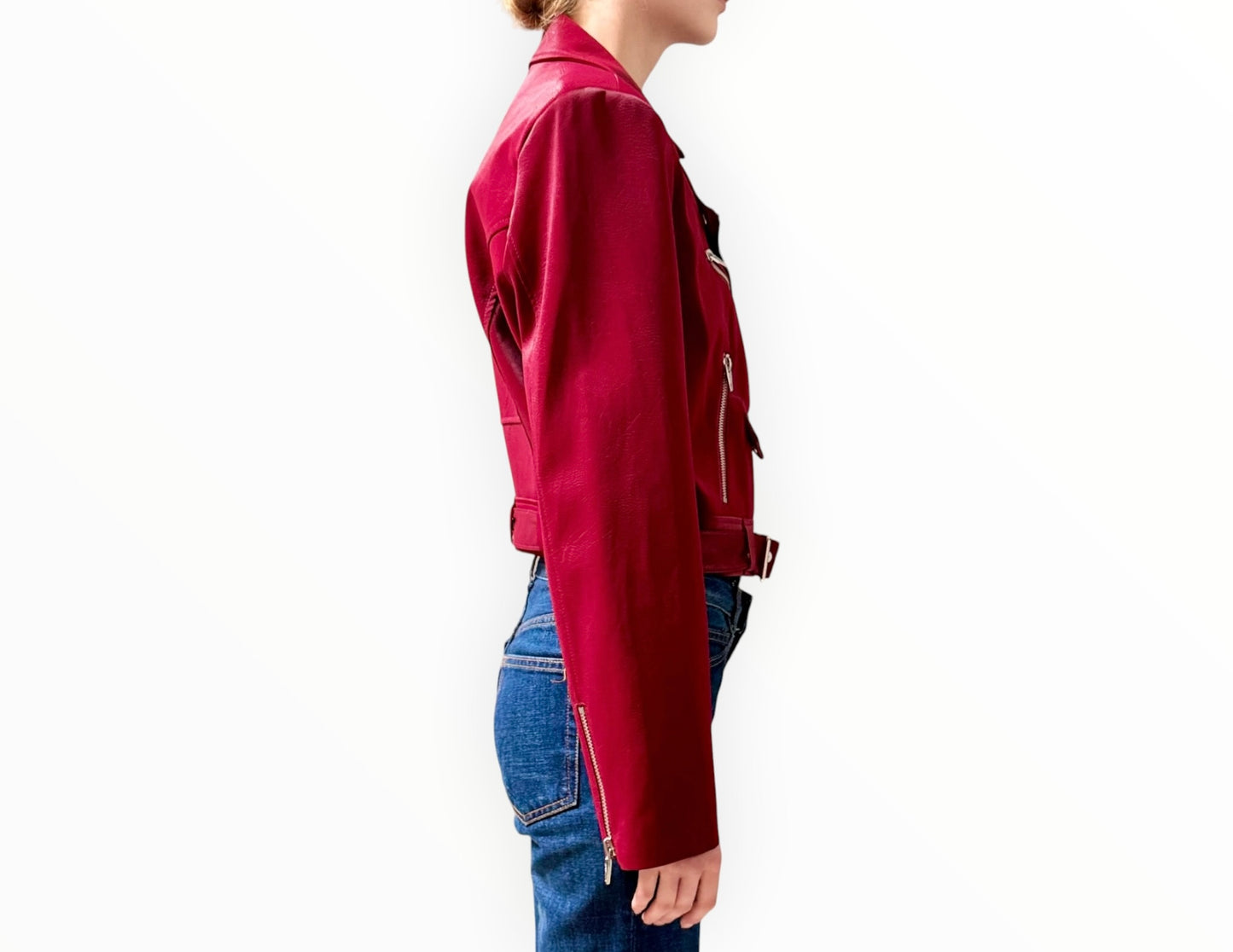 Cinq A Sept Faux Leather Biker Jacket - Deep Crimson - Size L