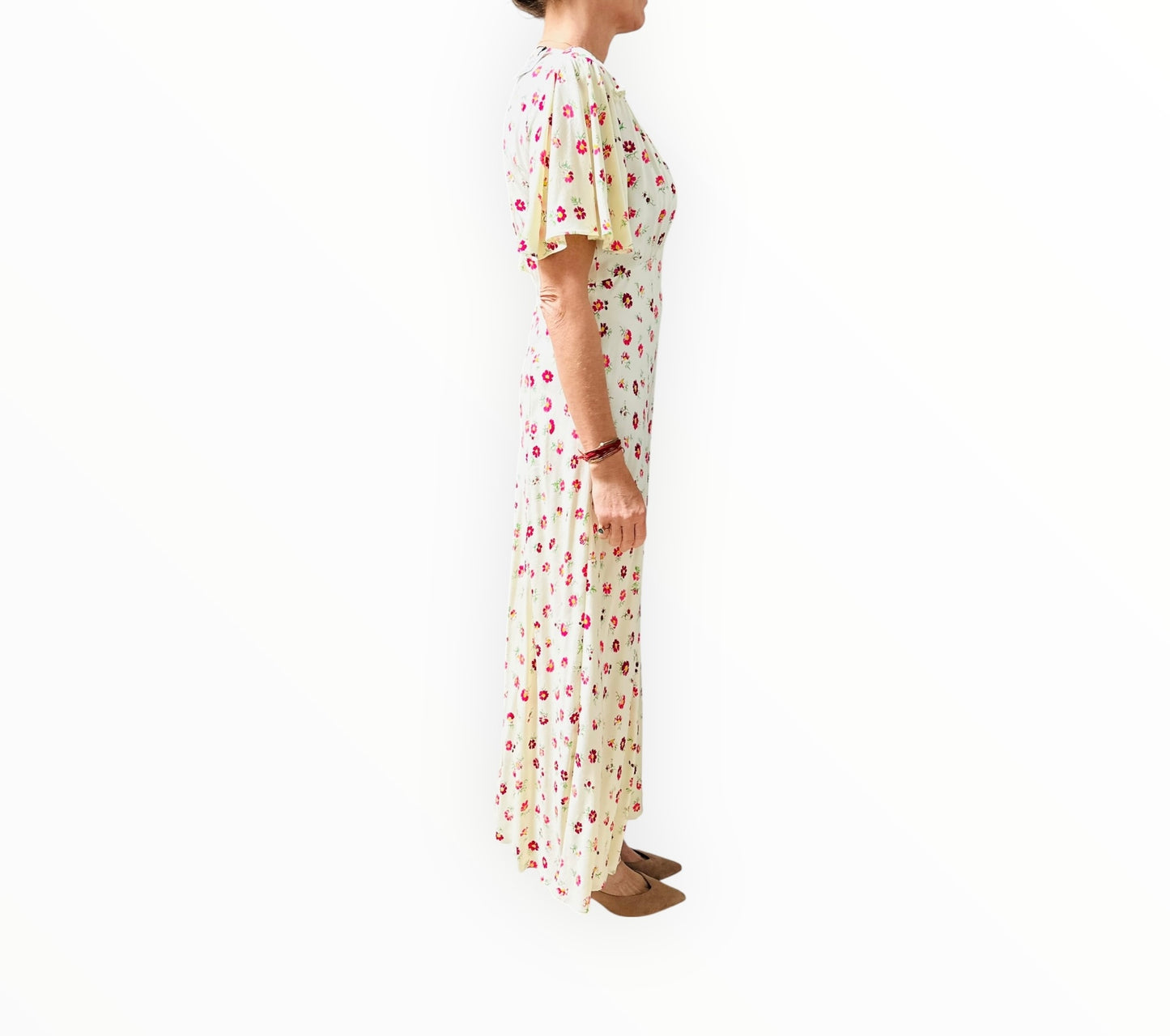 Rixo Bessie Buttercup Flutter Sleeve Midi Dress - Cream - Size S