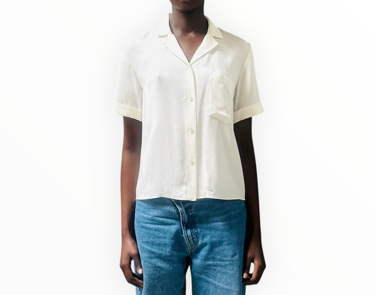 Theory Short Sleeve Silk Shirt - Ivory - Size M