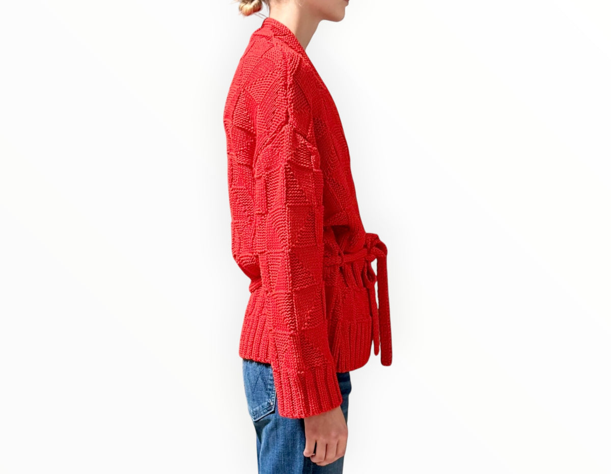 RT006399 - Dries Van Noten Check Knit Cardigan with Ties - Red - Size S