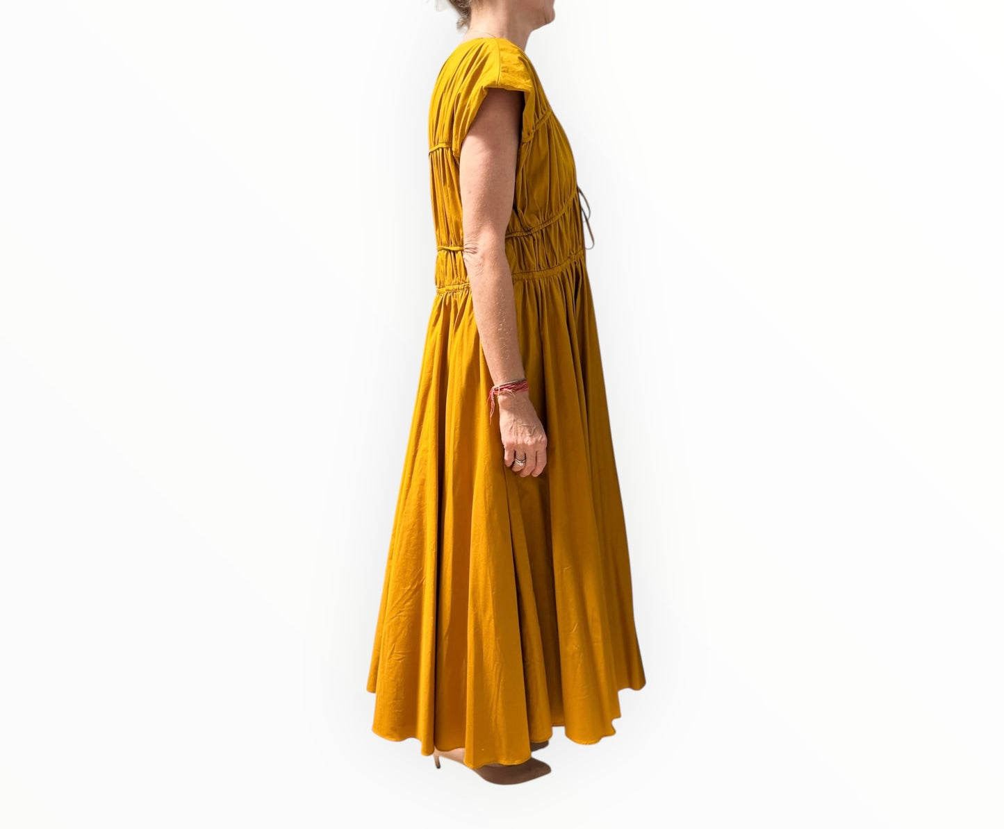 Tove Cedar Ruched Midi Dress - Mustard - Size M