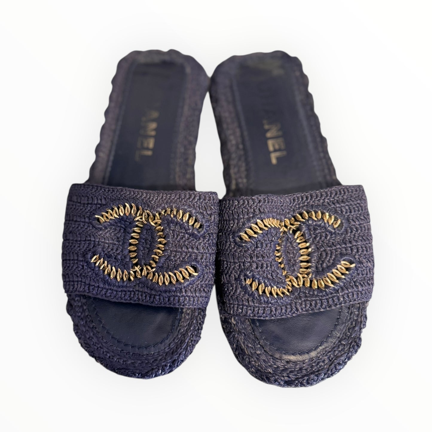 Chanel Raffia Chain Slides - Navy - Size 39