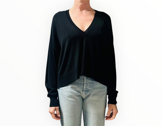 Scanlan Theodore Pleated Rib V-Neck Top- Black - Size M