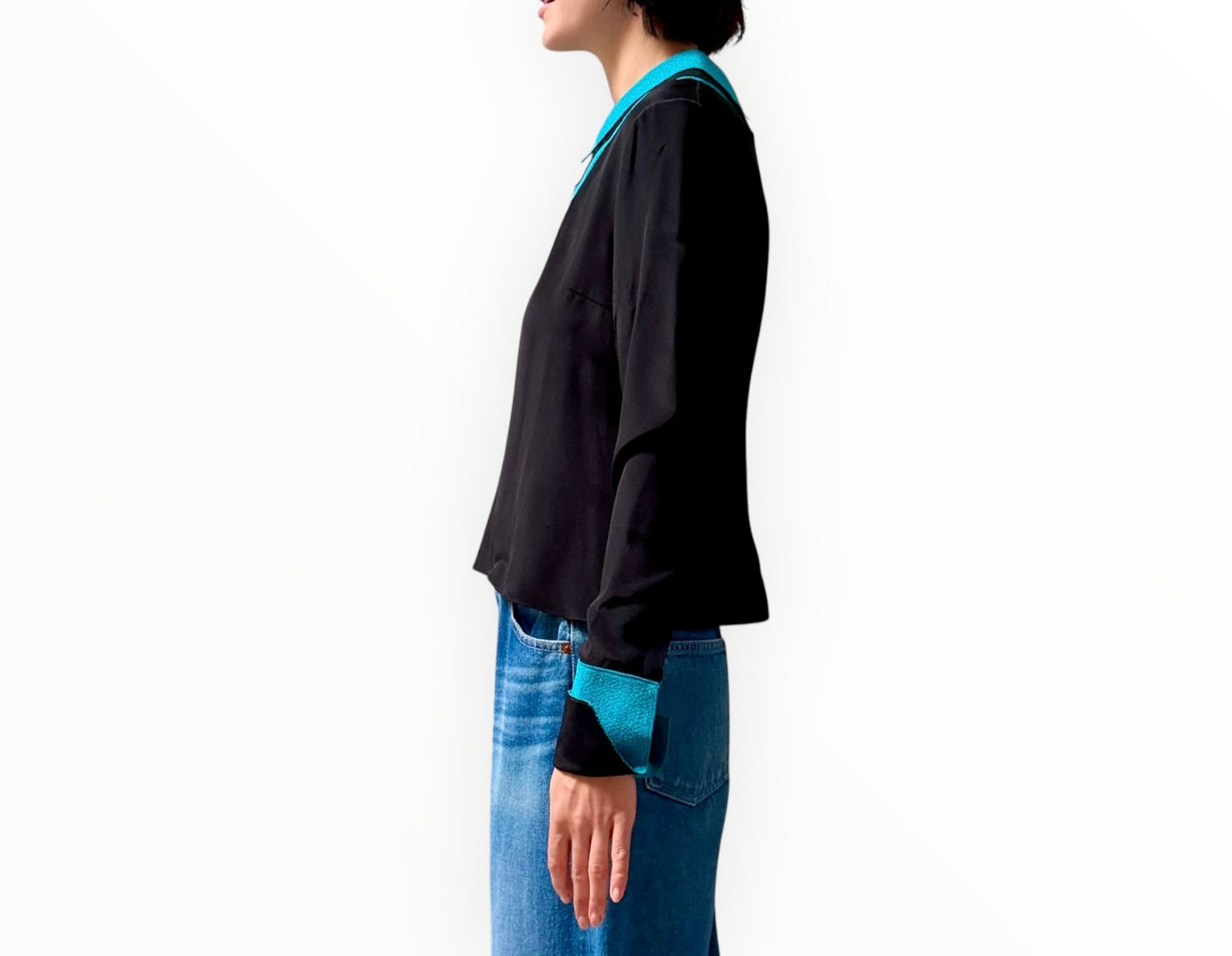 Roksanda Double Collar Top - Black/Dark Aqua - Size 12