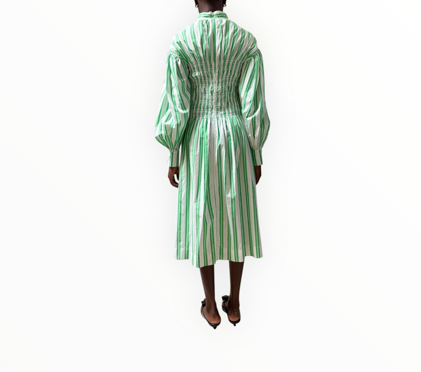 Ganni Striped Shirred Front Dress - Green/White - Size 36