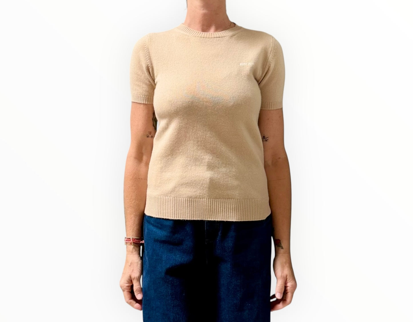 Miu Miu Short Sleeve Cashmere Top - Latte - Size 38