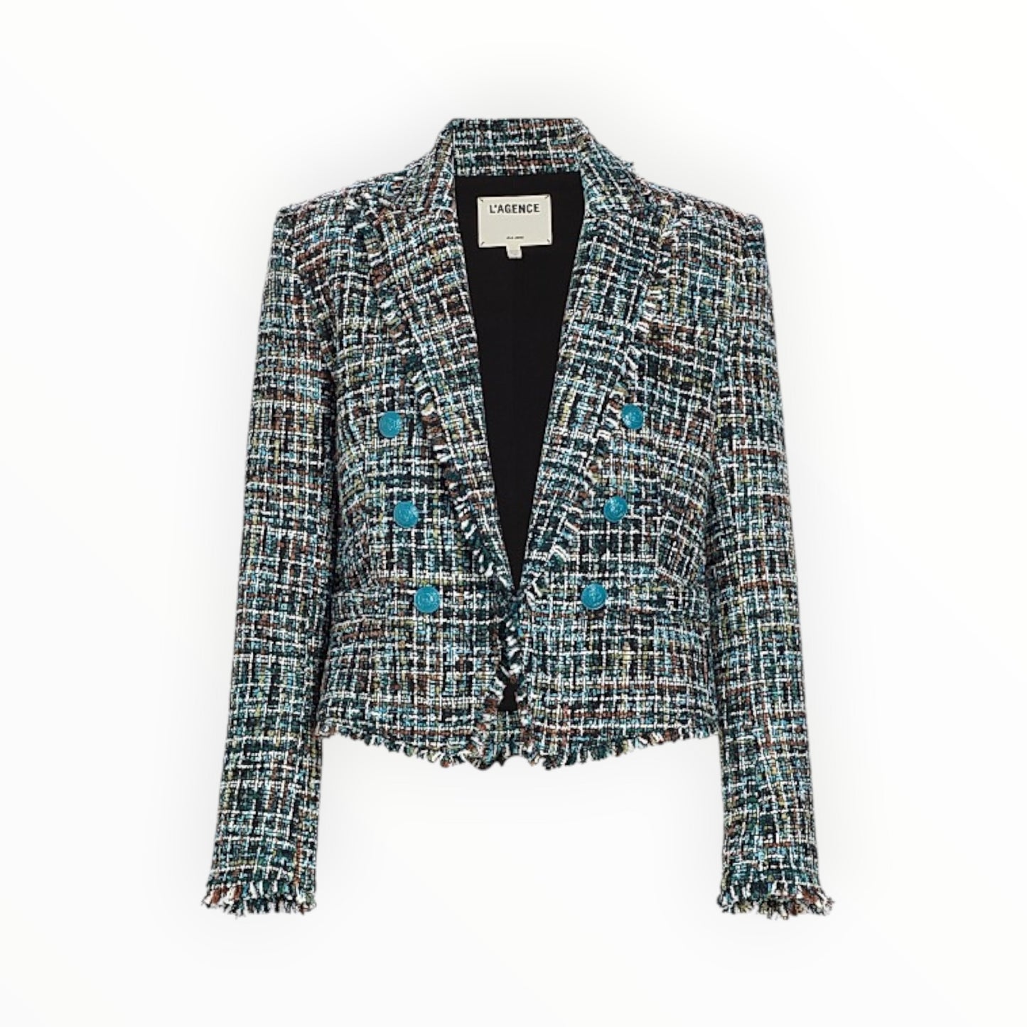 L'Agence Brooke Double Breasted Tweed Jacket - Black/Aqua - Size AU8