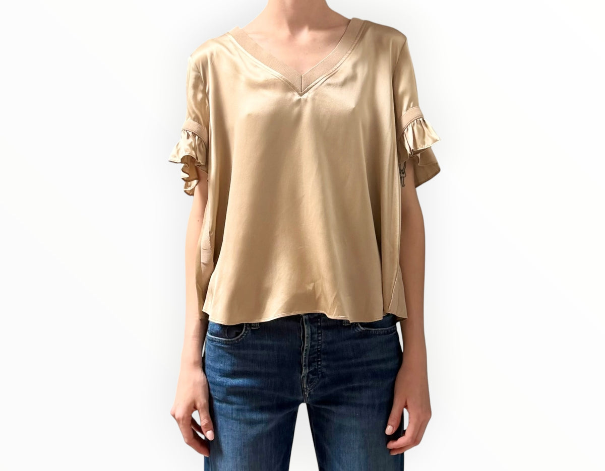 RT006542 - Cinq A Sept Silk V-Neck Tee - Champagne - Size L