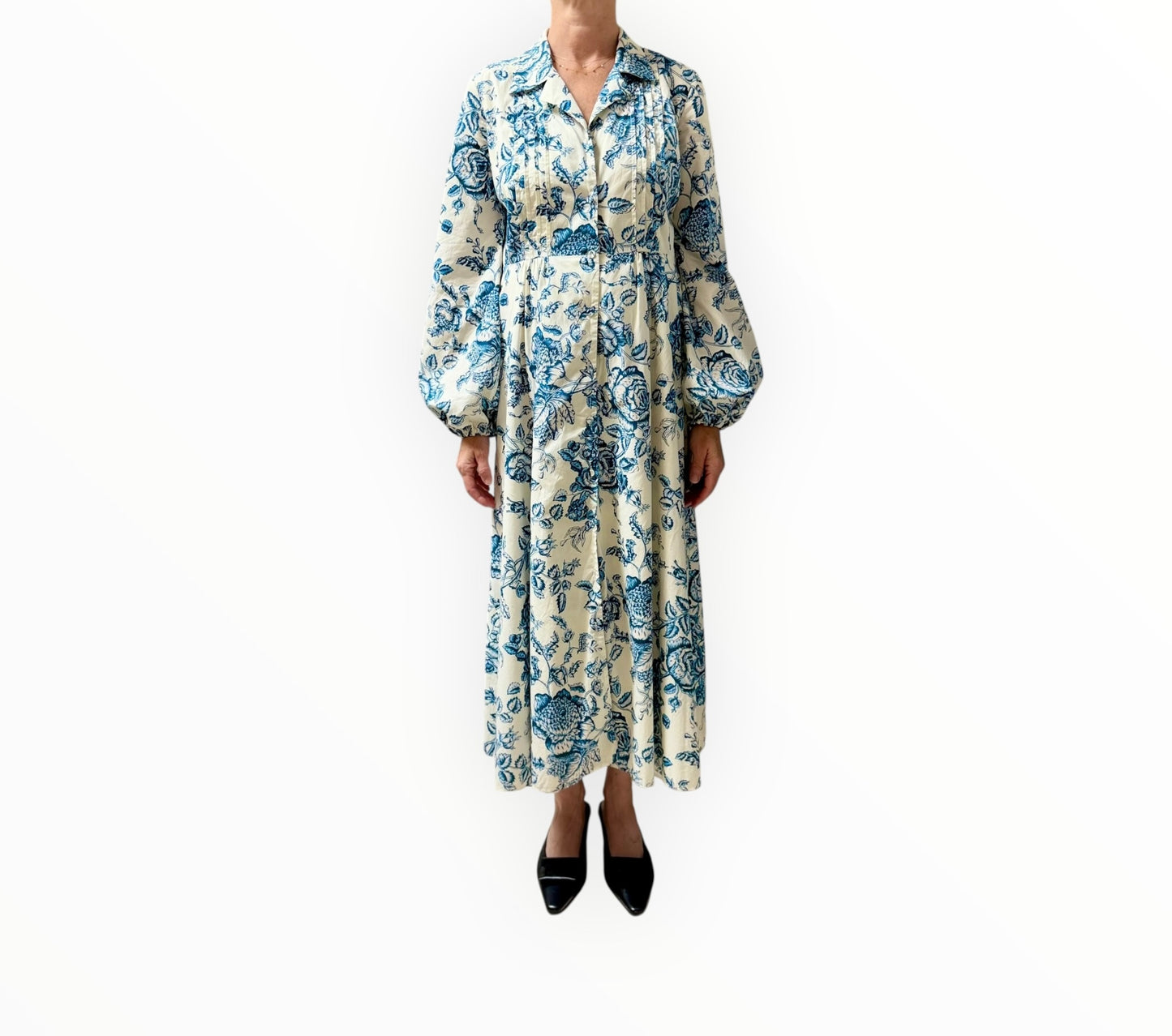 Erdem Floral Printed Button Through Dress - Blue/White - Size AU12