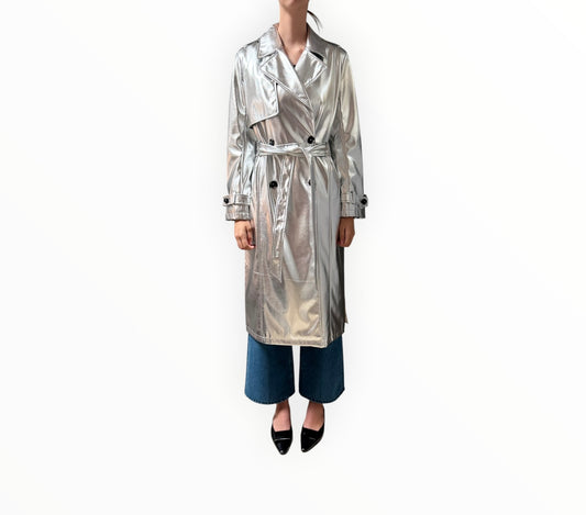 Never Fully Dressed Vegan Leather Trench Coat - Silver - Size L