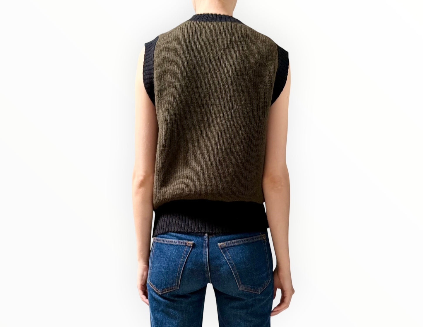 Margaret Howell Lambswool Buttoned Vest  - Khaki/Black - Size M