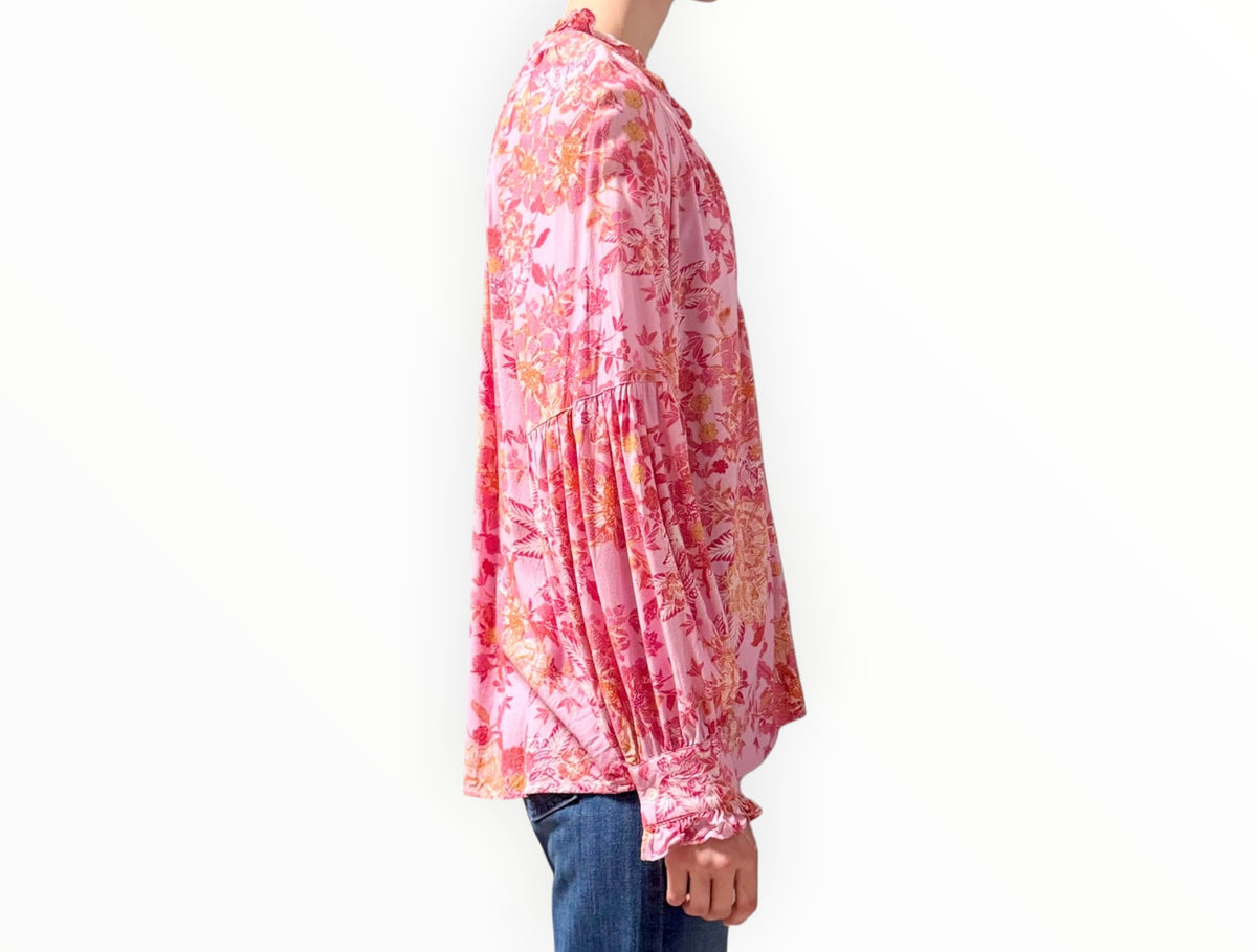 Xirena Ruffle Neck Floral Shirt - Pink - Size S