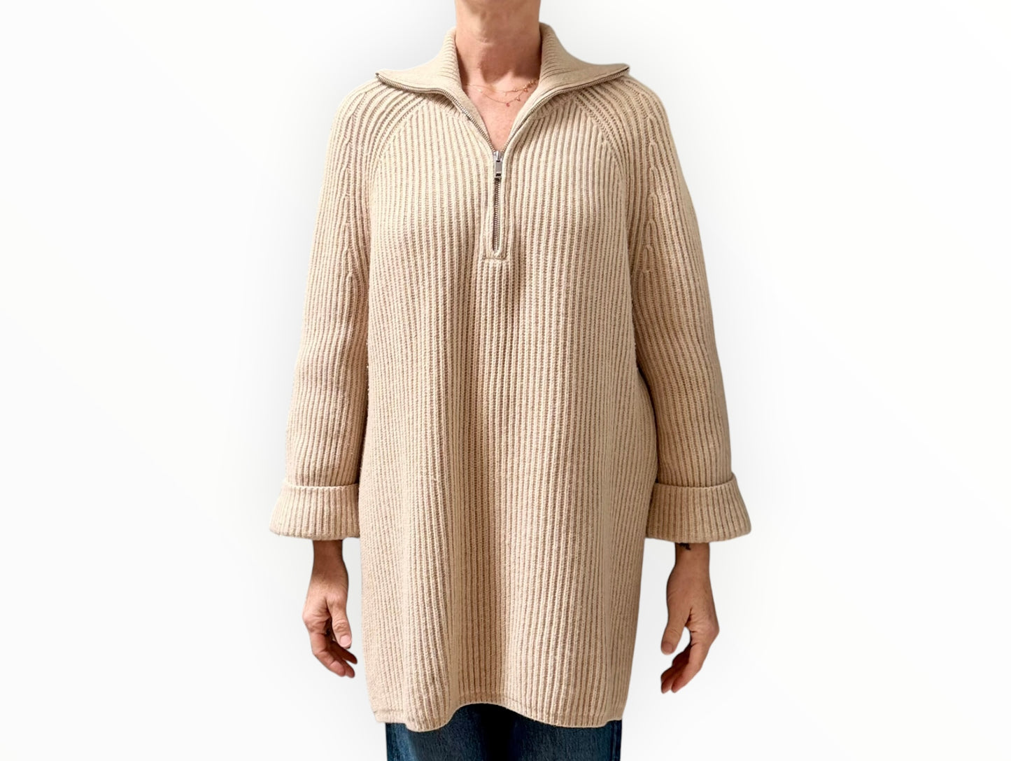 Reiss Zip Front Oversized Jumper - Beige - Size M