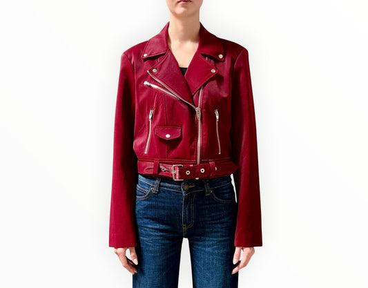Cinq A Sept Faux Leather Biker Jacket - Deep Crimson - Size L