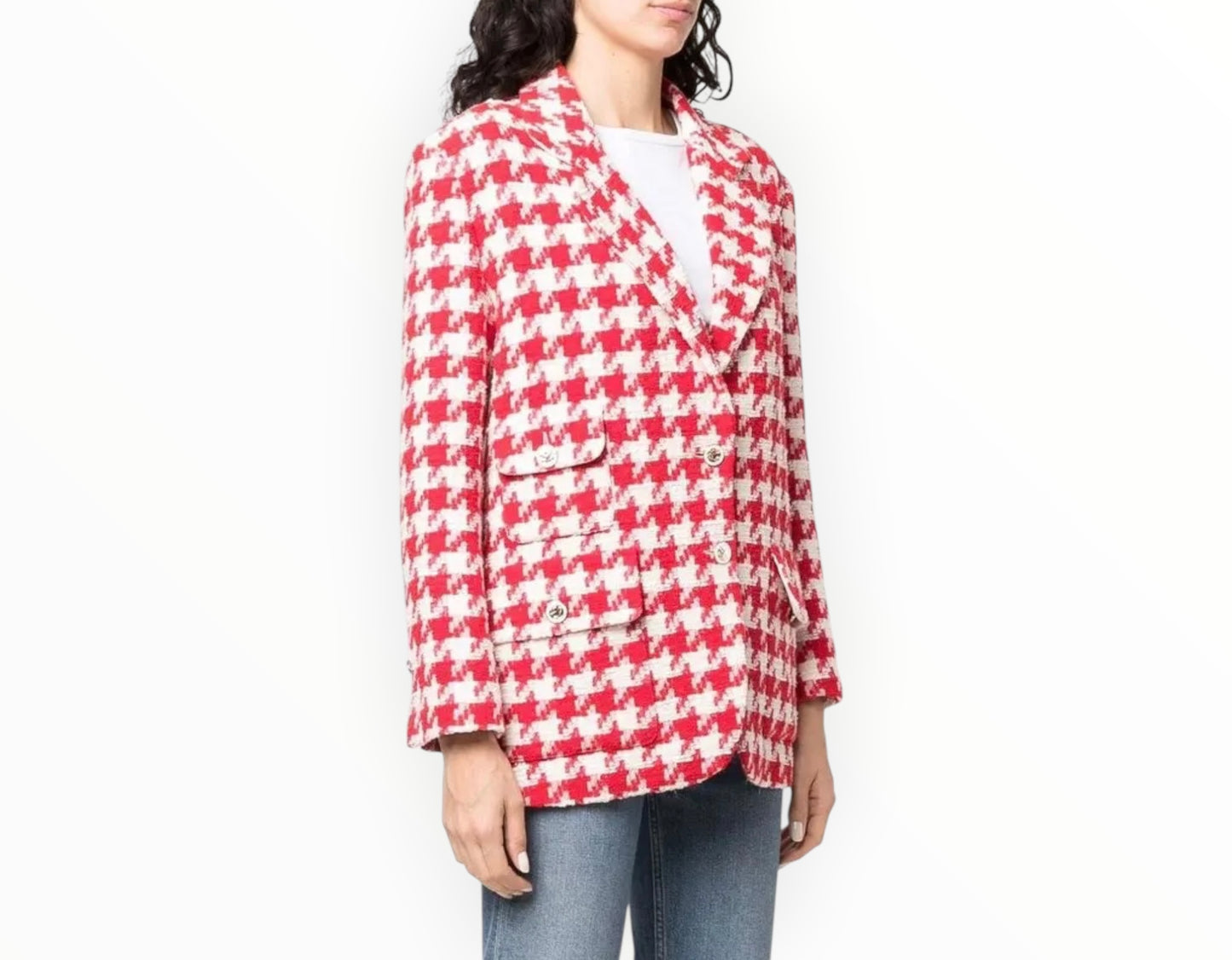 Sandro Floraine Houndstooth Jacket - Red/White - Size 34