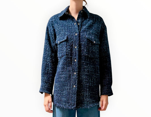 Iro Longline Tweed Jacket - Navy Tweed - Size 34
