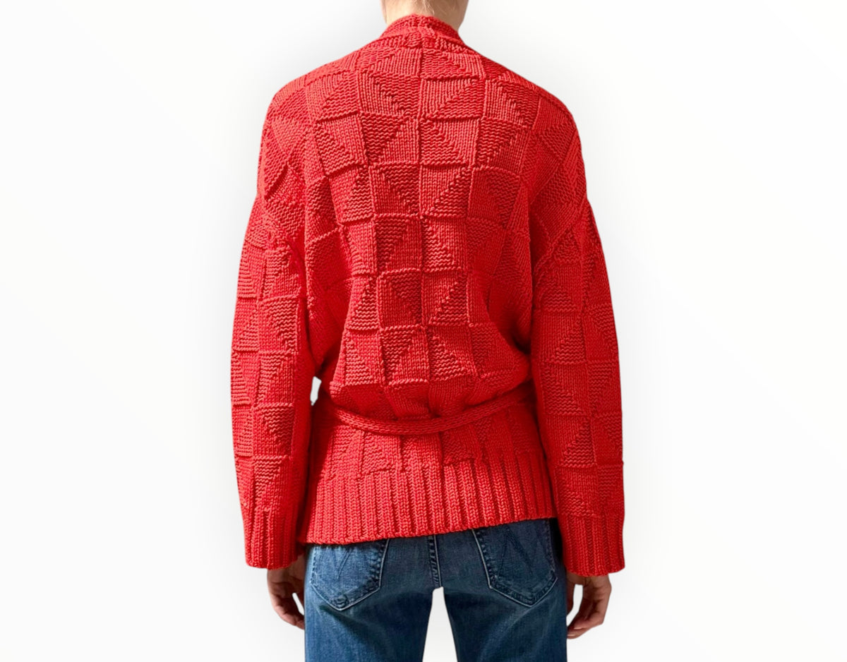 RT006399 - Dries Van Noten Check Knit Cardigan with Ties - Red - Size S