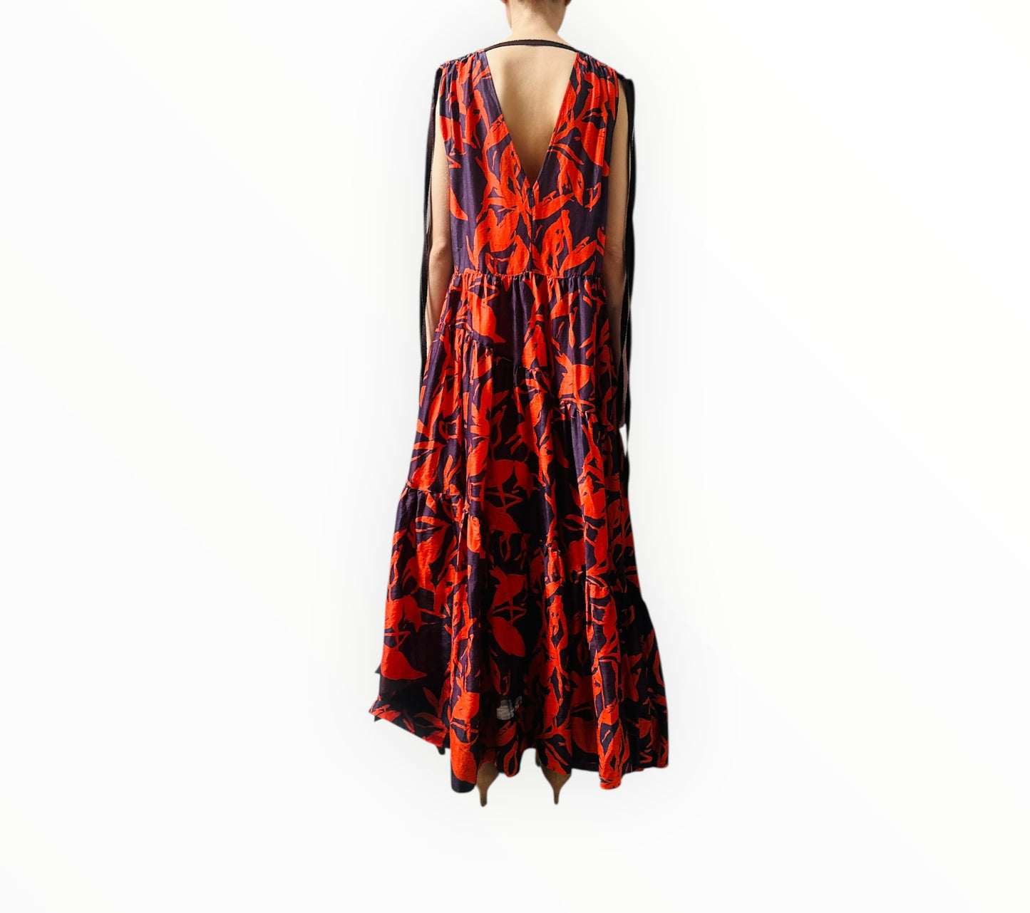 Lee Mathews Abstract Print Tiered Silk Dress - Red/Navy - Size 3