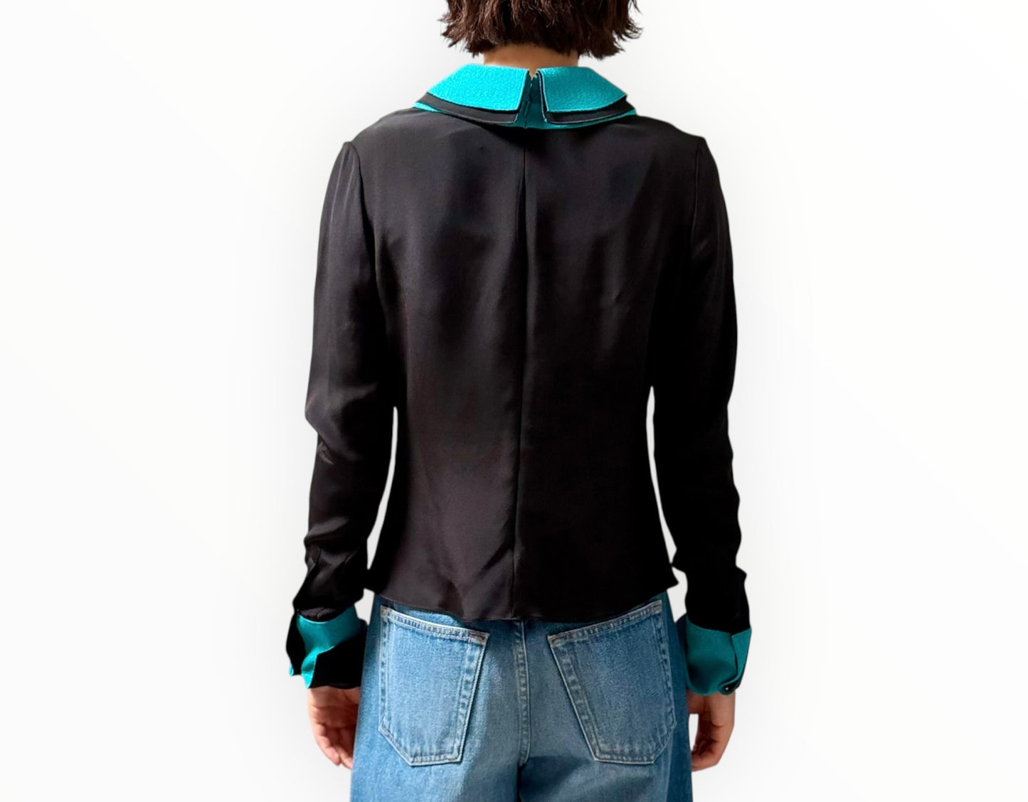 Roksanda Double Collar Top - Black/Dark Aqua - Size 12