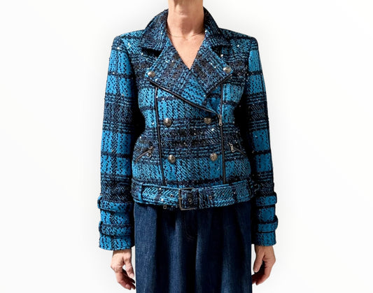 L'Agence Sequin Tweed Biker Jacket - Black/Aqua - Size L