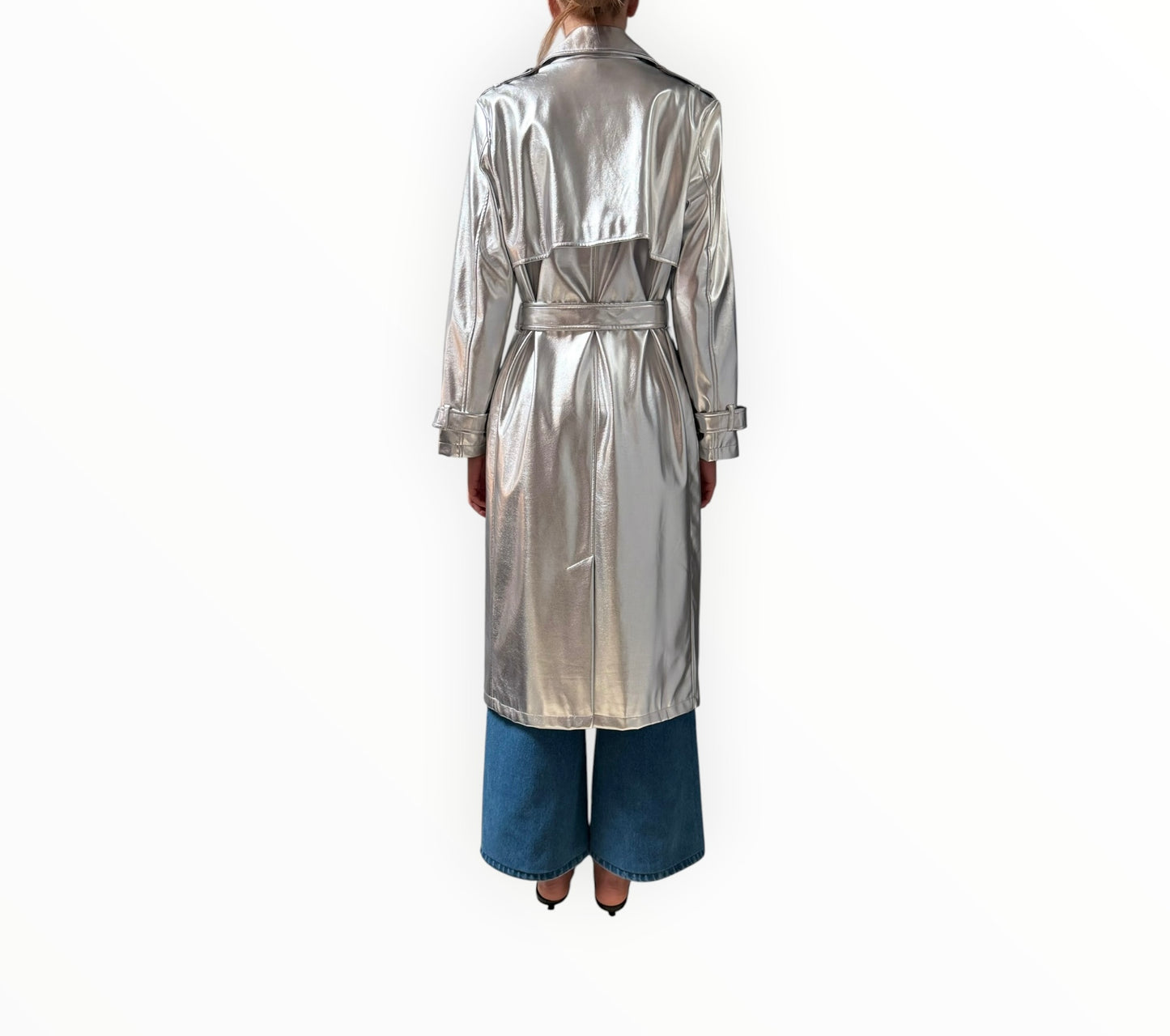 Never Fully Dressed Vegan Leather Trench Coat - Silver - Size L