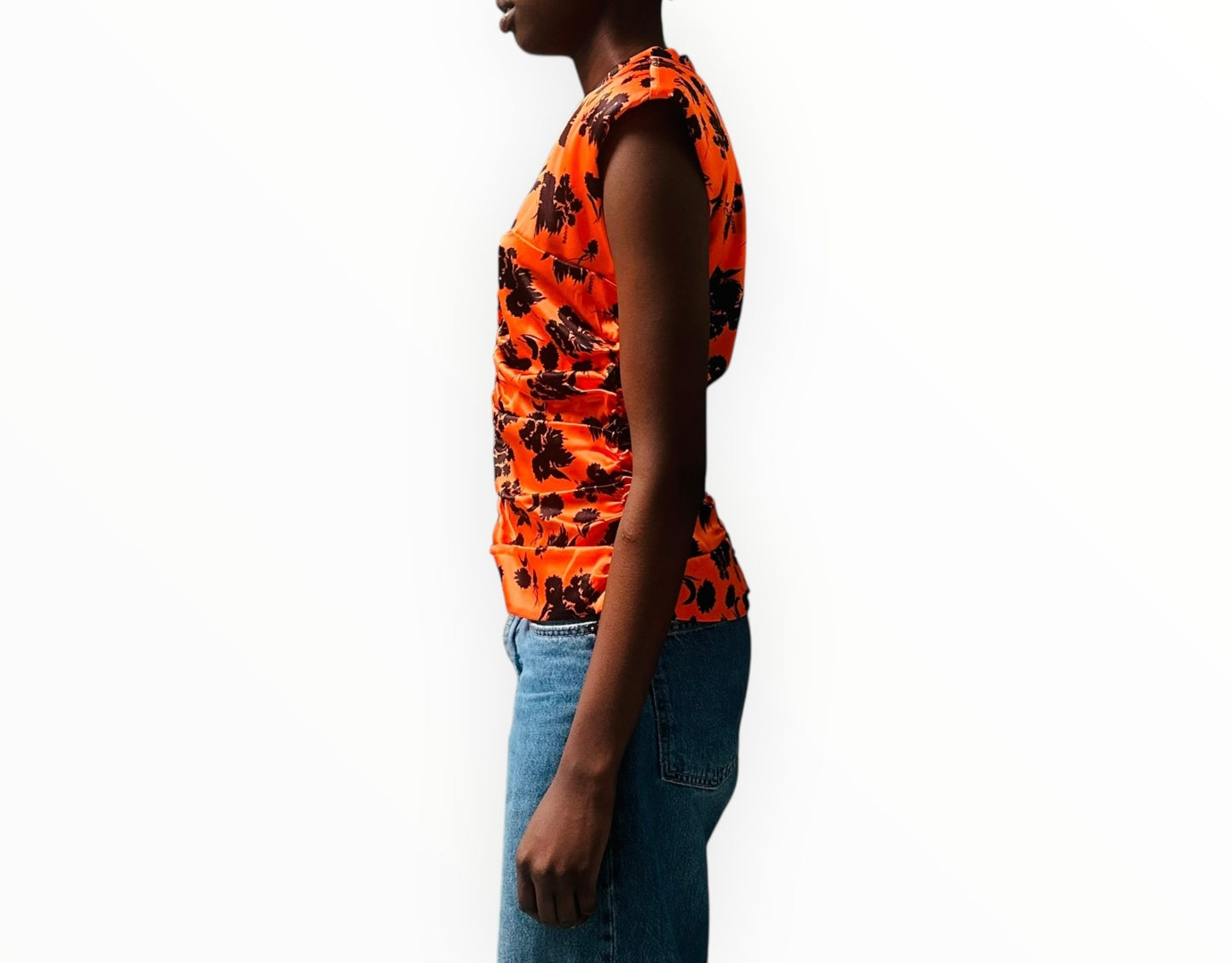 Ganni Ruched Front Top - Orange/Black - Size 38
