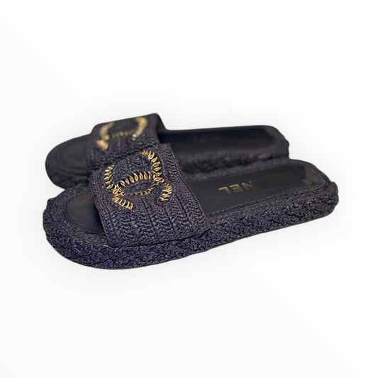 Chanel Raffia Chain Slides - Navy - Size 39