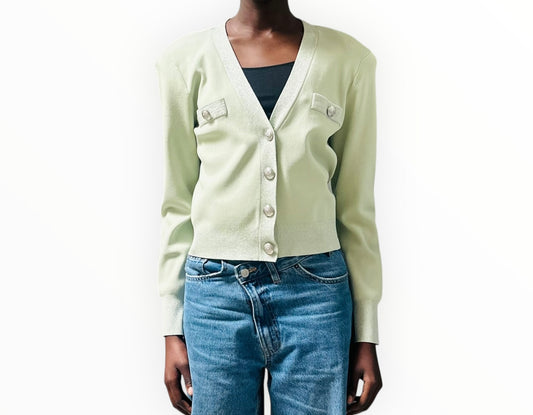 L'Agence Taya Cropped V-Neck Cardigan - Green Lurex - Size L
