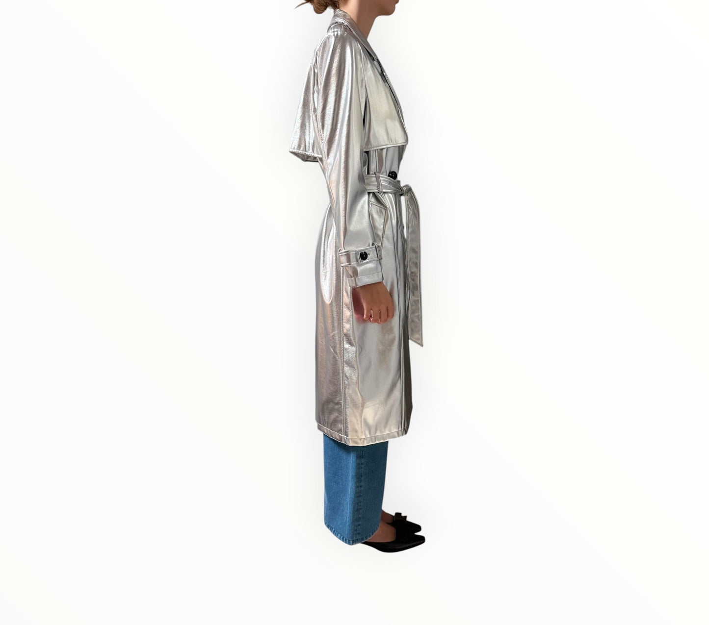 Never Fully Dressed Vegan Leather Trench Coat - Silver - Size L