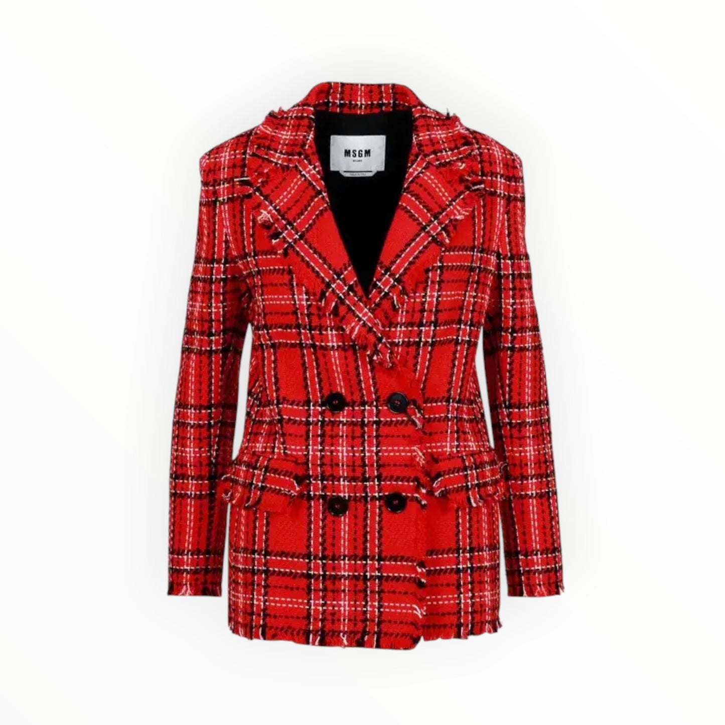 MSGM Double-Breasted Tarten Tweed Jacket - Red- Size 46